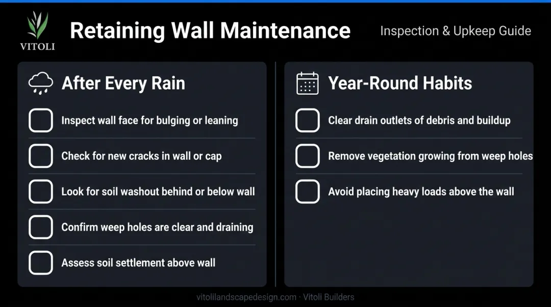 Retaining wall maintenance checklist infographic post-rain and year-round inspection tasks