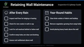 Retaining wall maintenance checklist infographic post-rain and year-round inspection tasks