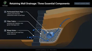 Three core retaining wall drainage system components diagram with cross-section view