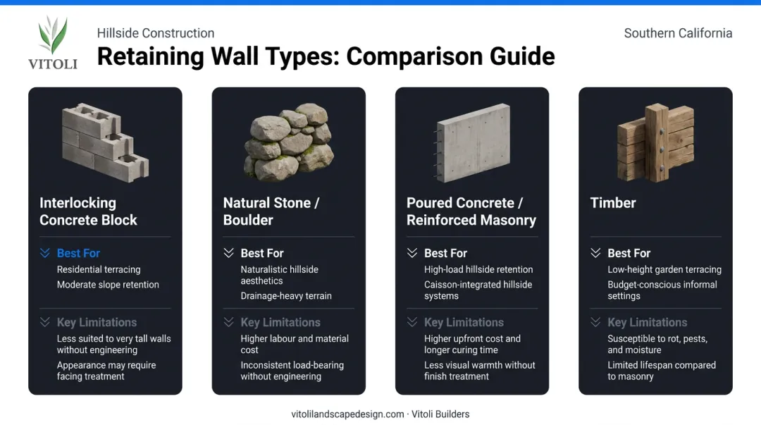 Retaining wall type comparison chart showing four materials best uses and limitations