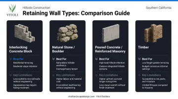 Retaining wall type comparison chart showing four materials best uses and limitations