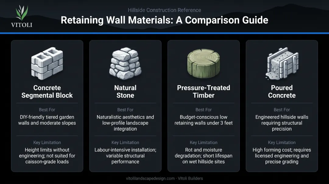 Four retaining wall materials comparison chart for hillside terracing applications