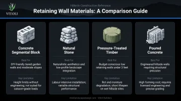 Four retaining wall materials comparison chart for hillside terracing applications