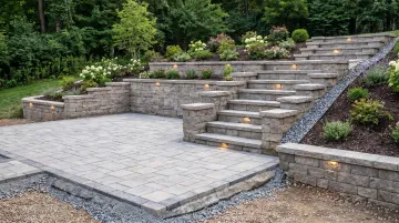 Hillside backyard paver patio installation on sloped terrain with drainage grading work