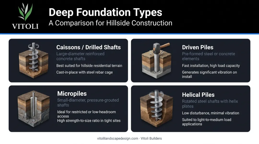Four deep foundation types comparison caissons driven piles micropiles helical piles
