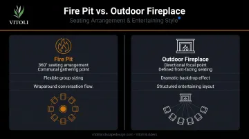 Fire pit versus outdoor fireplace design comparison side-by-side infographic