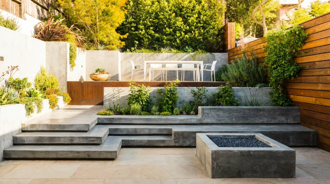 Multi-level tiered patio on sloped hillside property with distinct outdoor zones