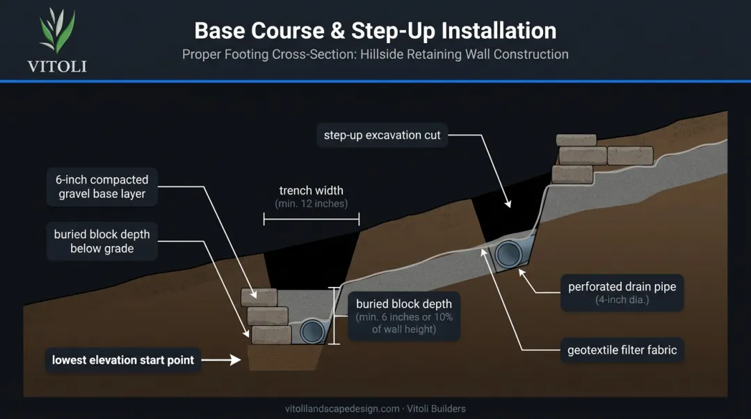 Step-up retaining wall base course installation cross-section showing trench depth and block burial