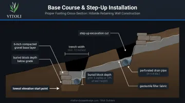 Step-up retaining wall base course installation cross-section showing trench depth and block burial