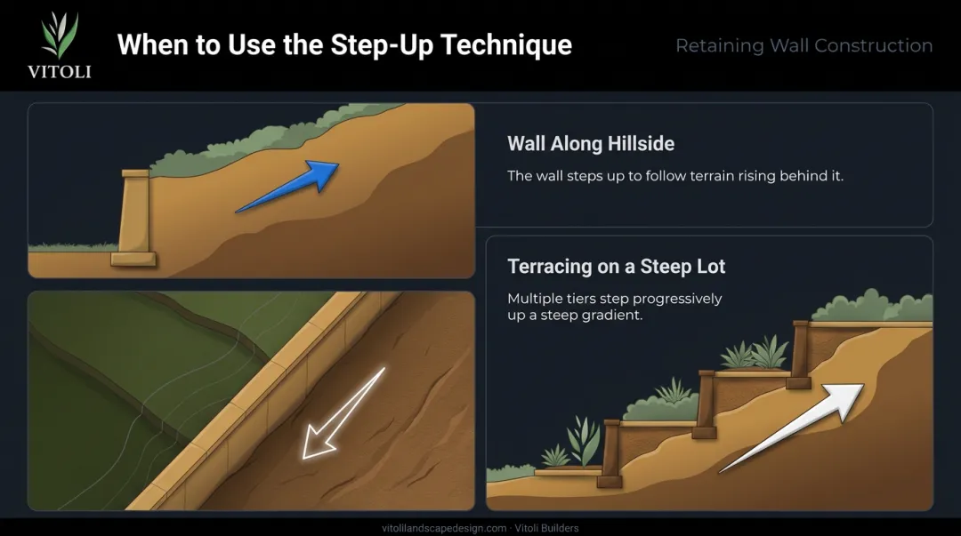 Three hillside scenarios requiring step-up retaining wall base technique