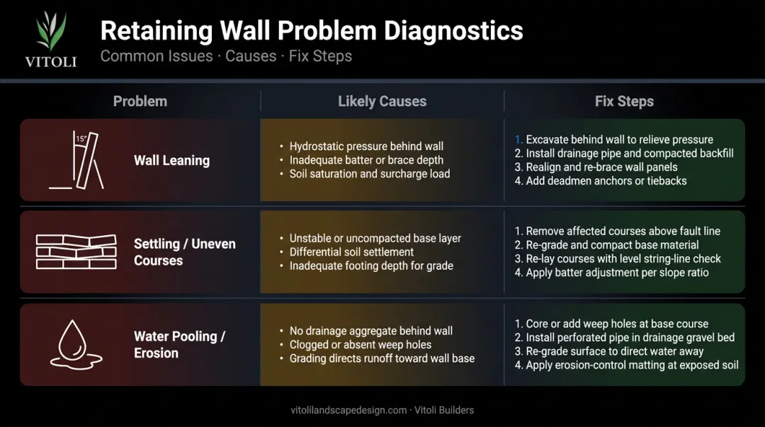 Three common retaining wall failure problems causes and repair steps infographic