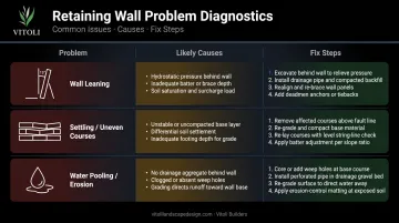 Three common retaining wall failure problems causes and repair steps infographic