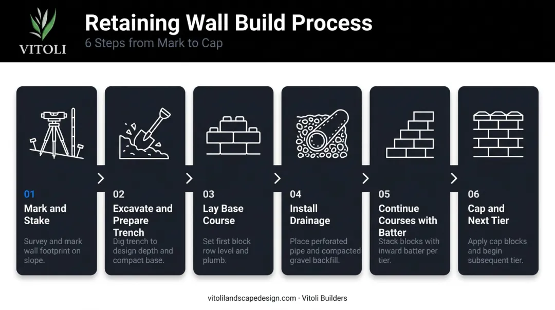 Six-step garden terrace wall construction process flow from staking to capping