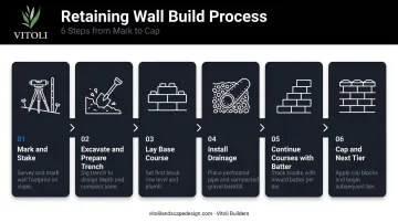 Six-step garden terrace wall construction process flow from staking to capping