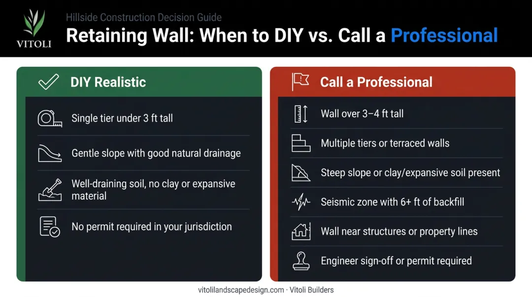 DIY versus professional retaining wall decision checklist comparison side by side