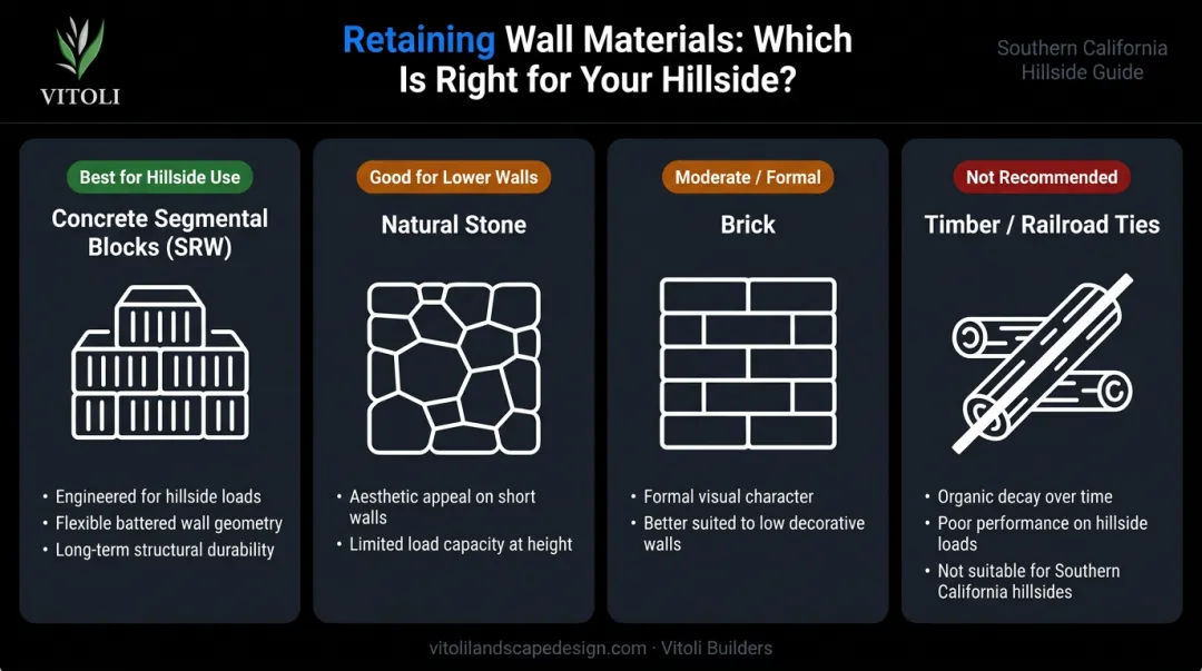 Four retaining wall materials comparison chart for hillside garden terrace use