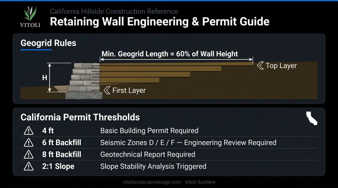 California retaining wall permit thresholds and geogrid reinforcement requirements diagram
