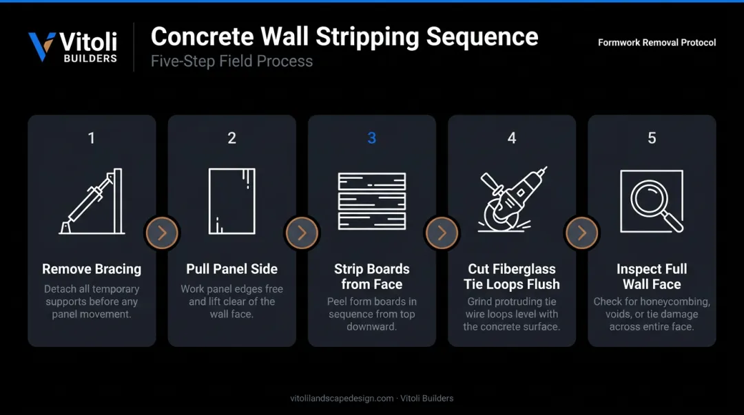 Five-step board-formed concrete wall form stripping sequence process flow diagram