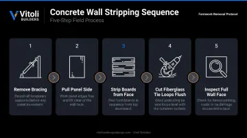 Five-step board-formed concrete wall form stripping sequence process flow diagram