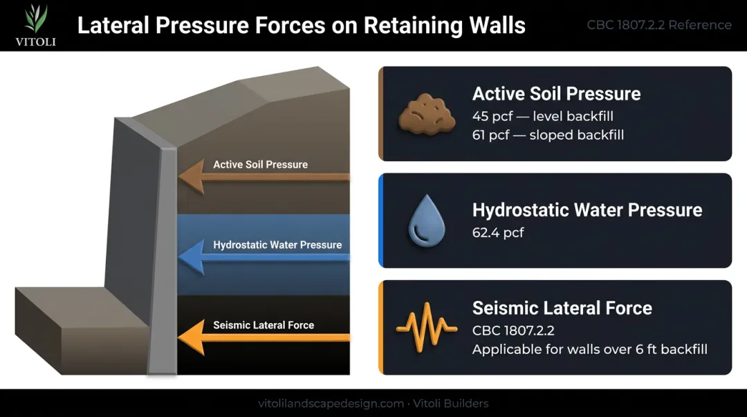 Retaining wall lateral load forces comparison showing soil seismic and hydrostatic pressure values