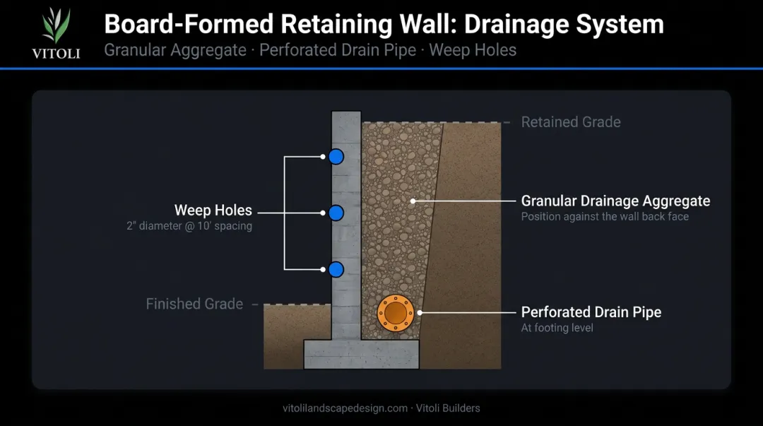 Retaining wall drainage system cross-section showing aggregate pipe and weep hole components