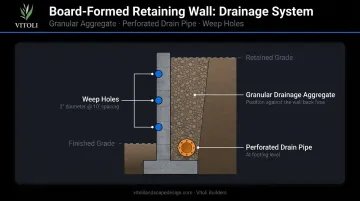 Retaining wall drainage system cross-section showing aggregate pipe and weep hole components