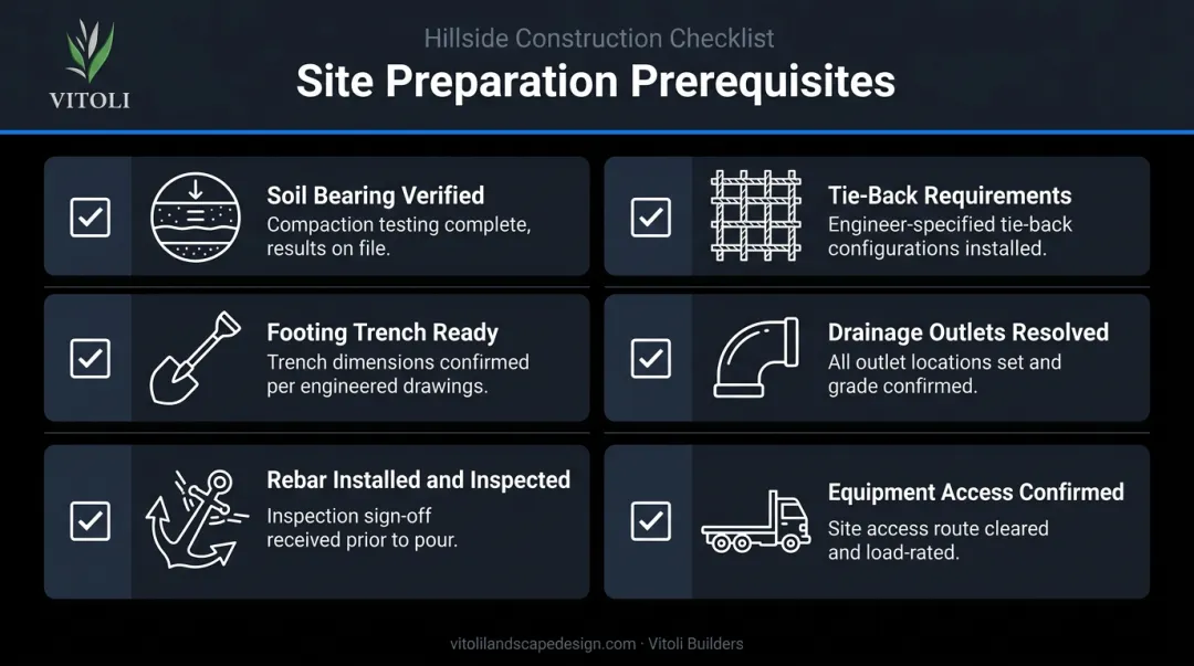 Board-formed retaining wall site preparation six-step prerequisites checklist infographic