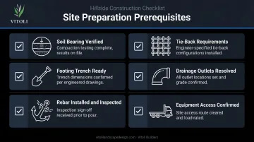 Board-formed retaining wall site preparation six-step prerequisites checklist infographic