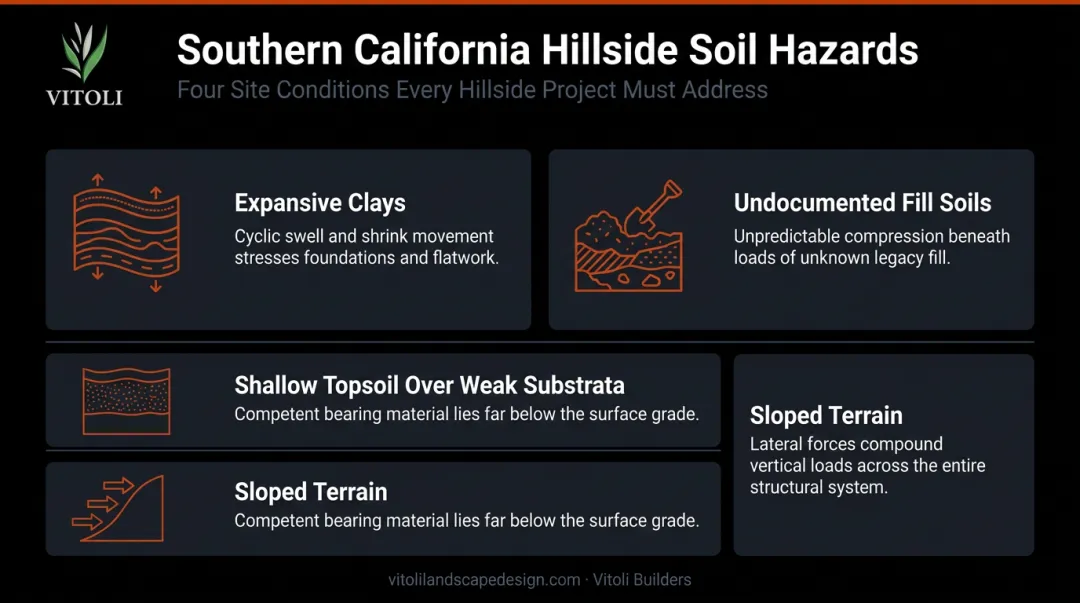 Four hillside soil hazards that make shallow foundations inadequate and unstable