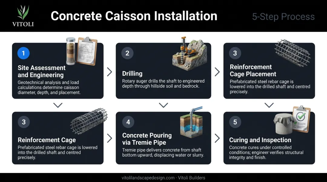 Five-step concrete caisson installation process from site assessment to inspection