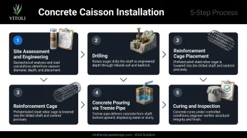 Five-step concrete caisson installation process from site assessment to inspection