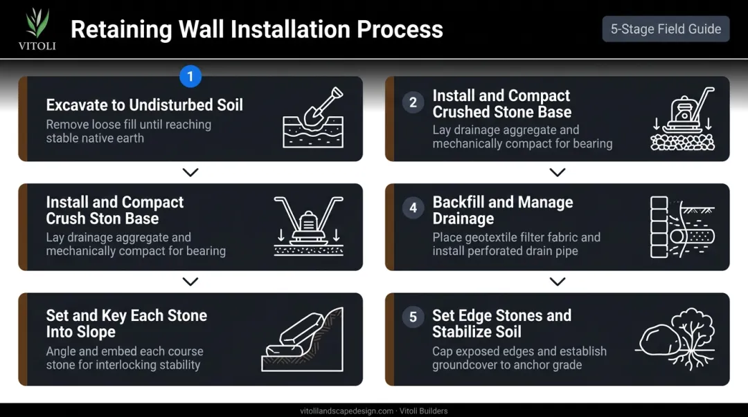 5-step hillside stone installation sequence from excavation to edge stabilization