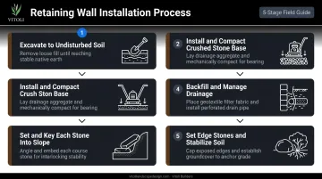 5-step hillside stone installation sequence from excavation to edge stabilization