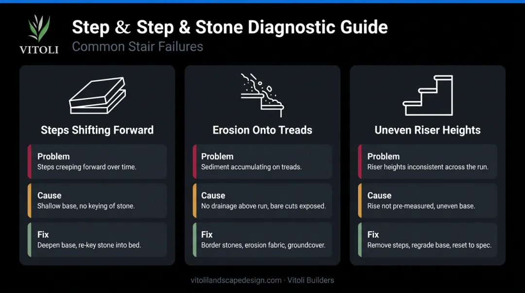 Three common hillside stone step problems causes and fixes diagnosis infographic
