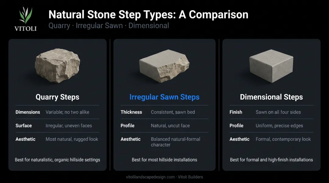 Three natural stone step types comparison quarry sawn and dimensional infographic