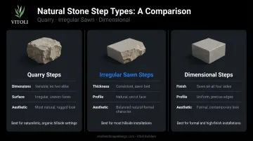 Three natural stone step types comparison quarry sawn and dimensional infographic
