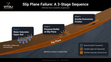 Three-stage slope slip plane failure process showing water saturation and gravity forces