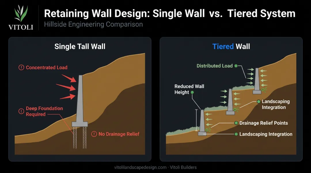 Tiered retaining wall system versus single tall wall side-by-side comparison infographic
