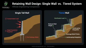 Tiered retaining wall system versus single tall wall side-by-side comparison infographic