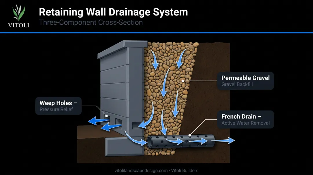 Three core retaining wall drainage components weep holes gravel backfill and French drain diagram