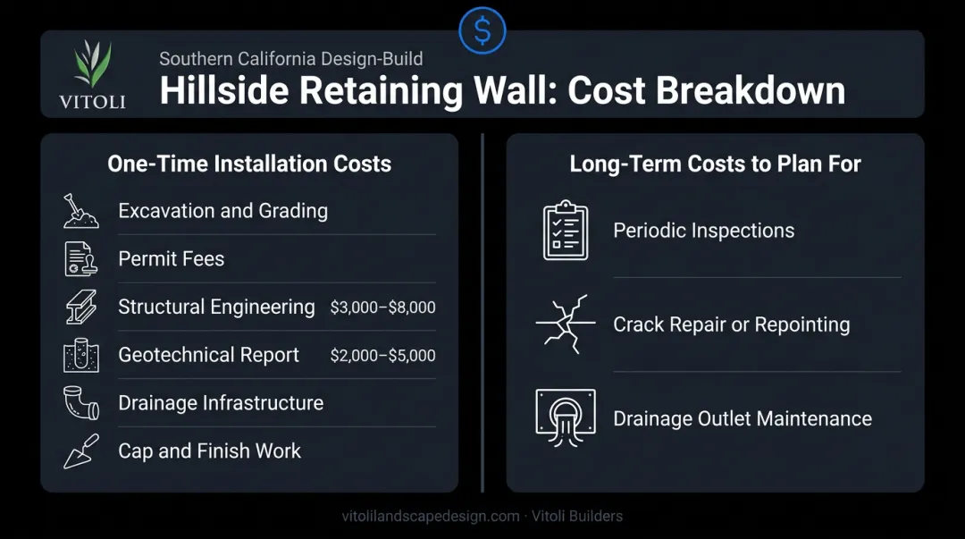 Complete retaining wall project cost breakdown one-time and long-term expenses infographic