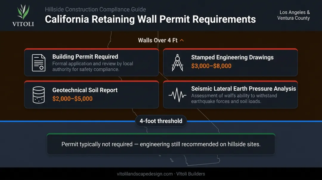 California retaining wall permit and engineering requirements threshold breakdown infographic