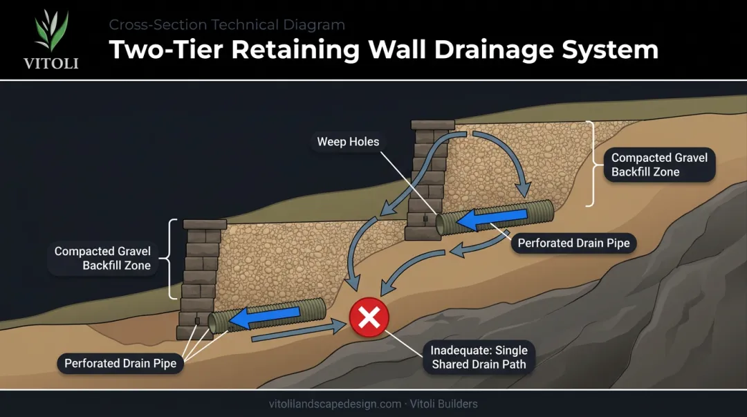 Multi-tier terraced retaining wall drainage system cross-section diagram with components labeled
