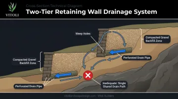 Multi-tier terraced retaining wall drainage system cross-section diagram with components labeled