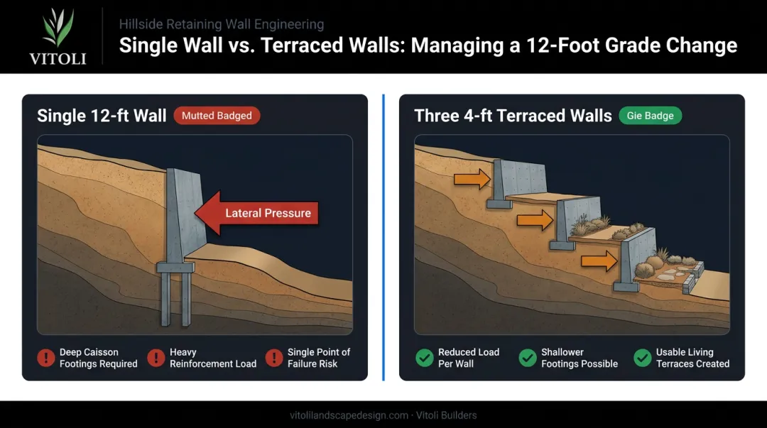 Single tall retaining wall versus three terraced walls structural comparison infographic