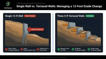 Single tall retaining wall versus three terraced walls structural comparison infographic