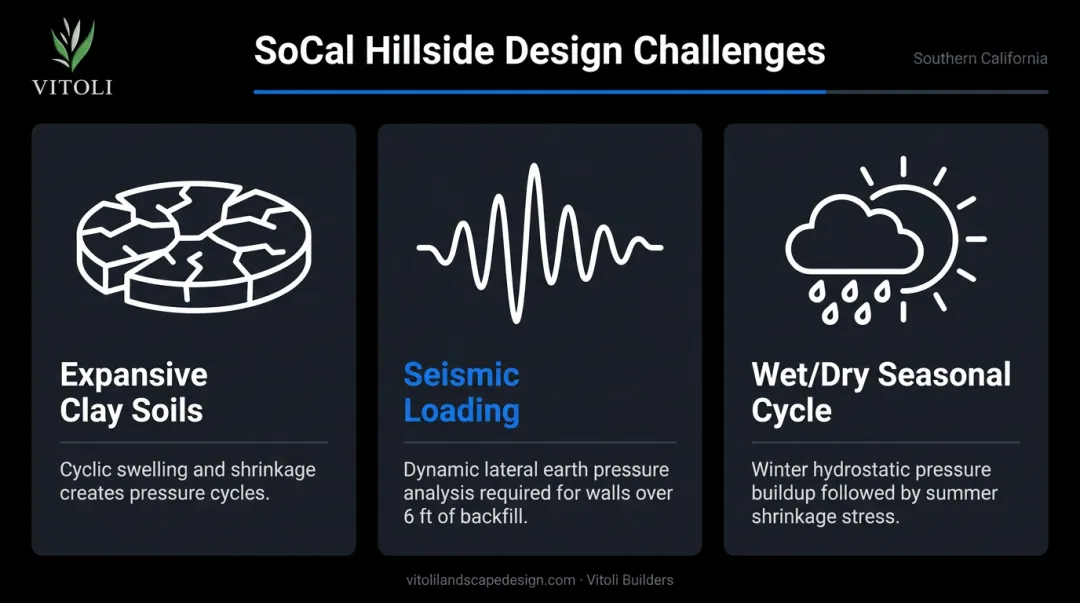 Three Southern California hillside retaining wall design factors icons and descriptions
