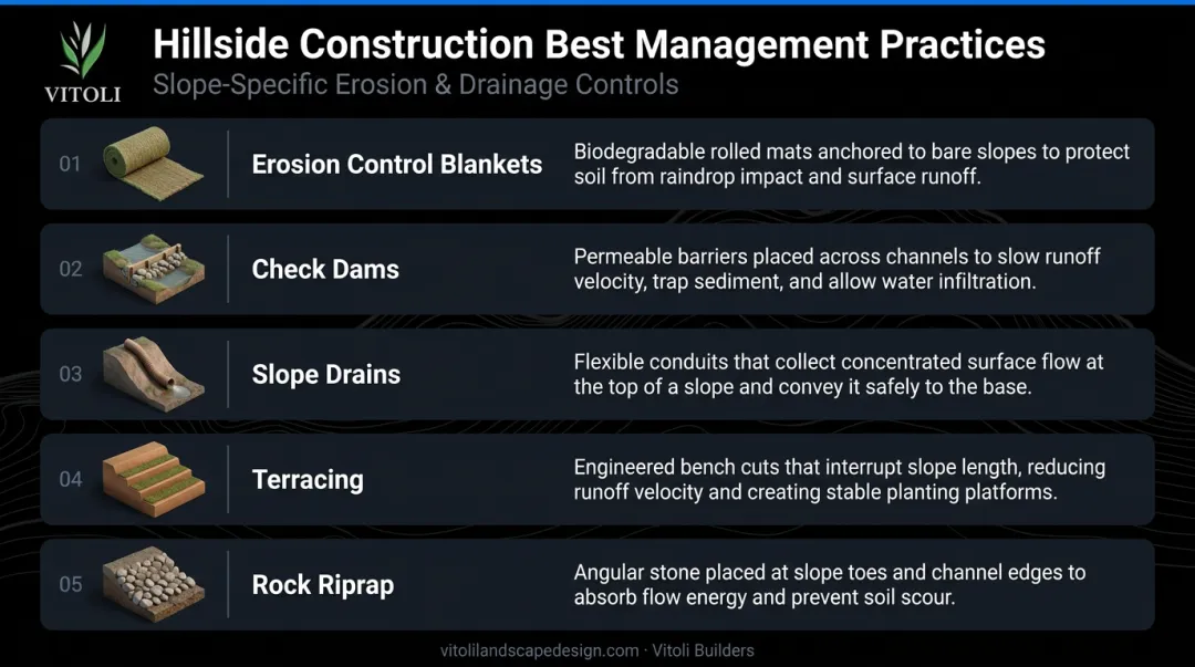 Five slope-specific erosion control BMPs for hillside construction sites infographic