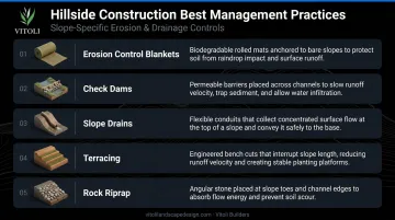Five slope-specific erosion control BMPs for hillside construction sites infographic