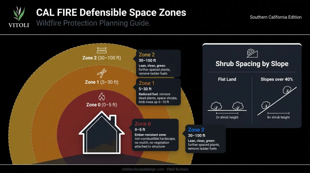 CAL FIRE defensible space zones diagram showing hedge clearance requirements by slope